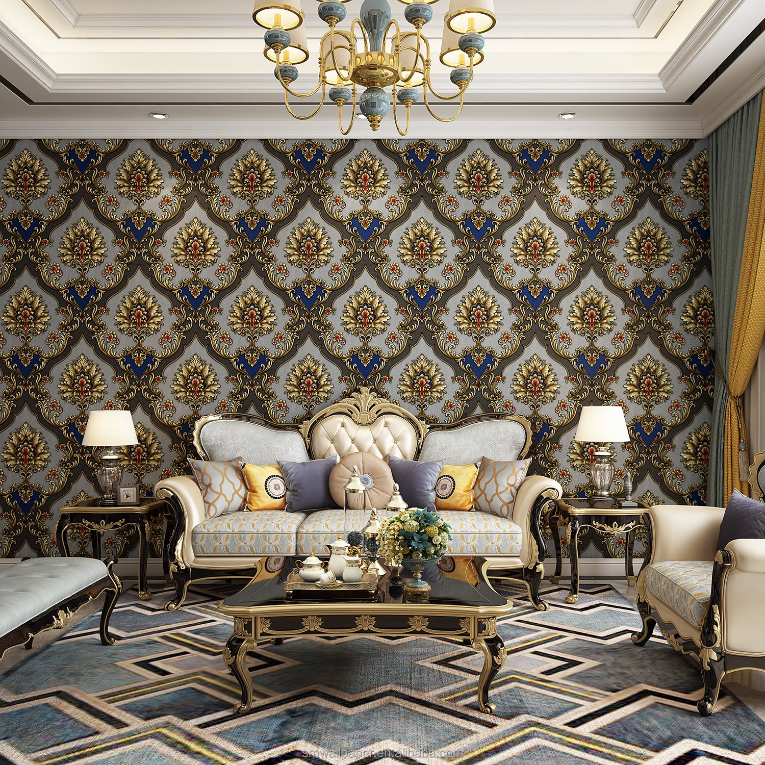 Vintage Damascus Wallpapers Wall Coating Heavy Embossed PVC Wallpaper Decorative Bedroom Wallpaper