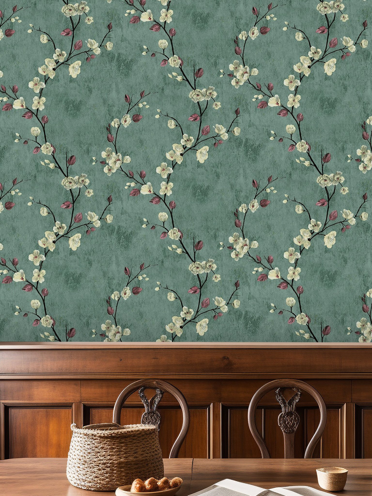 Self adhesive, easy to wipe, waterproof, retro olive green plum blossom pattern background decorative wallpaper, home wallpaper