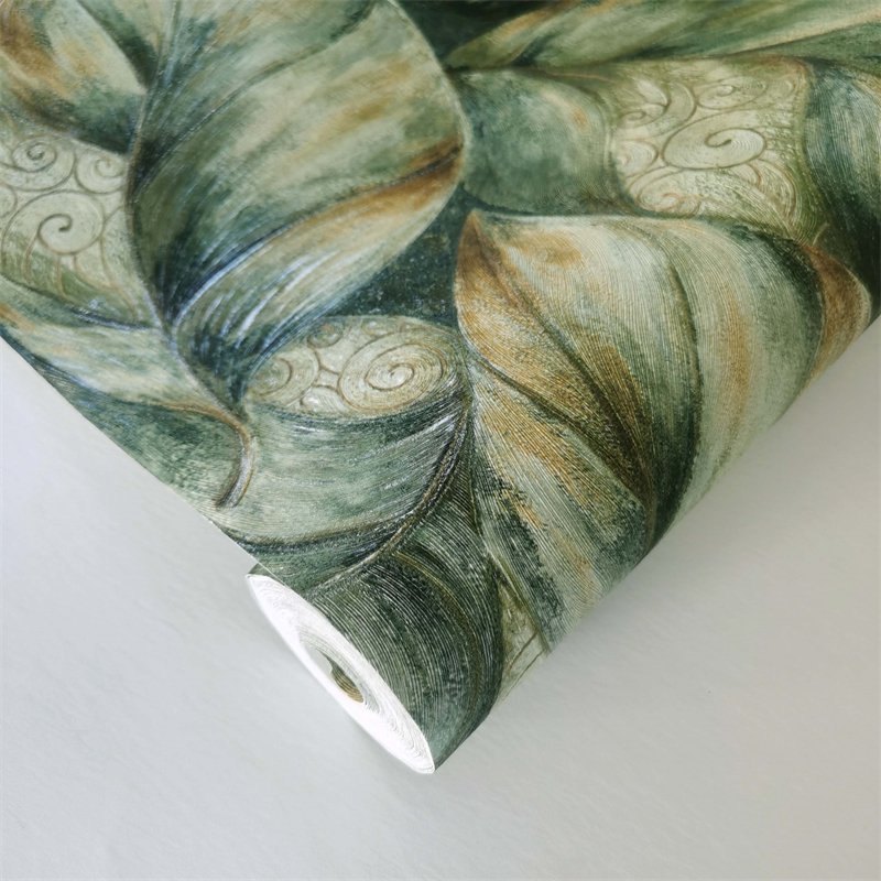 Green Leaf Design Modern Style Thick PVC Waterproof 3D Wallpaper Rolls