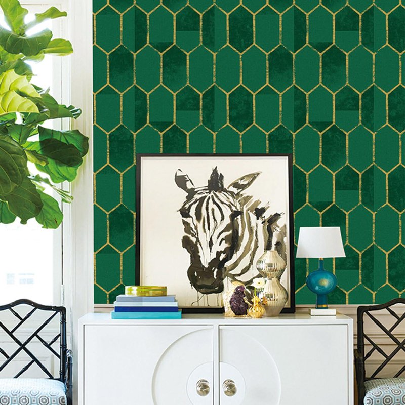 Green geometric pattern brushing water Self adhesive 3D non-woven wallpaper