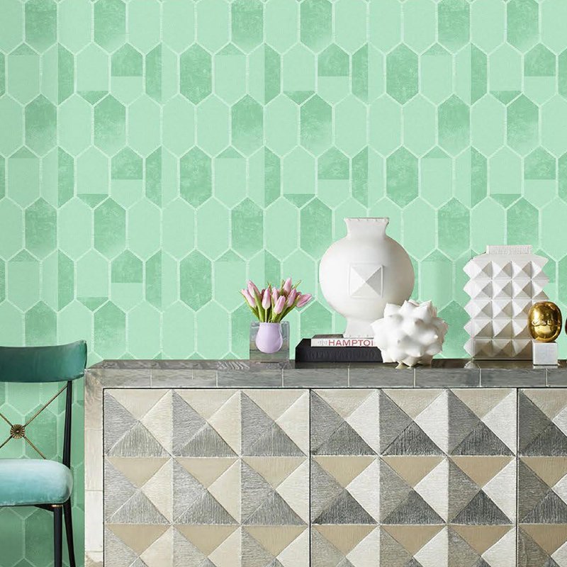 Green geometric pattern brushing water Self adhesive 3D non-woven wallpaper