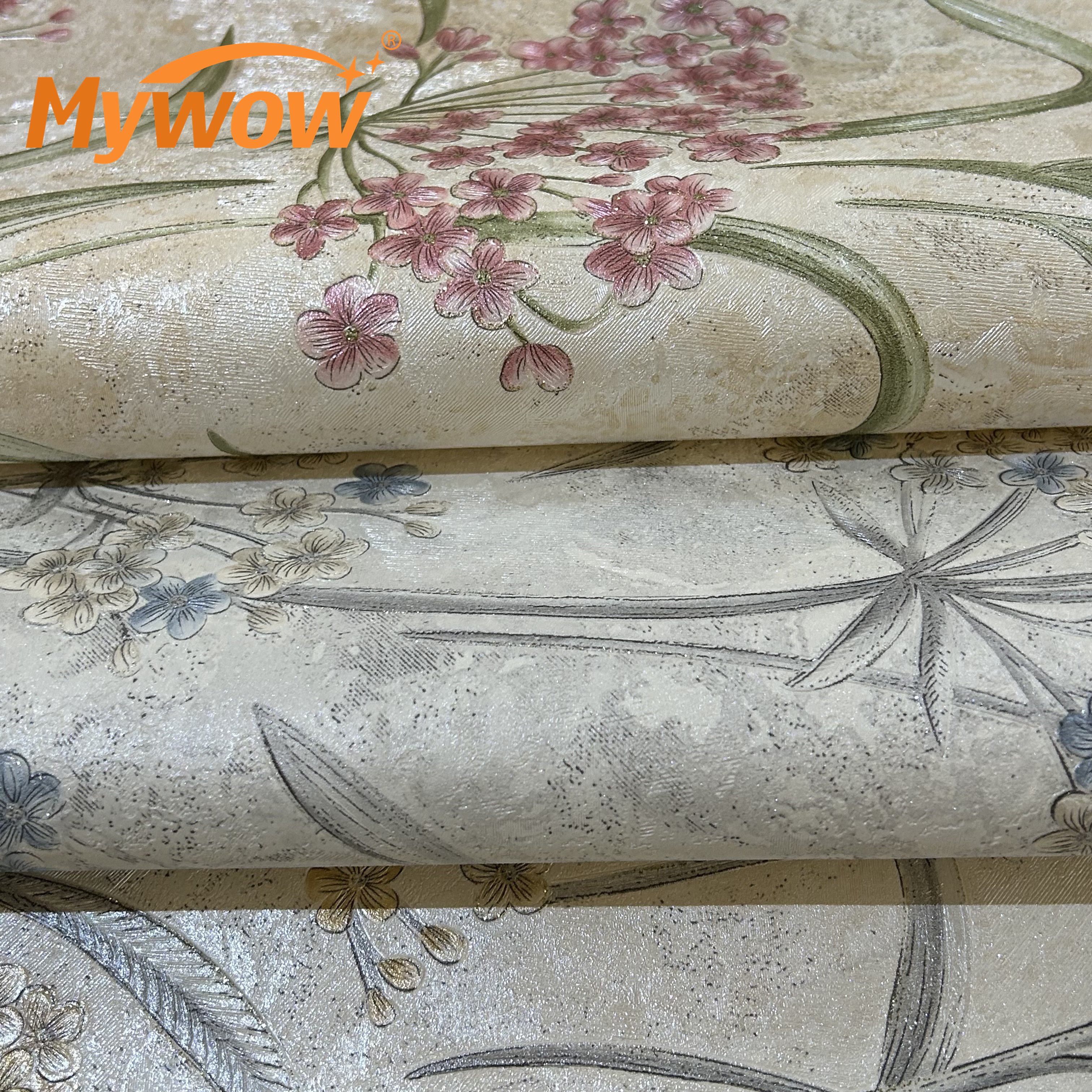 2024 Guangzhou Mywow Wholesale Ready Stock Blooming Flower New Arrival Textured Chinese Little Plum Blossom PVC Wallpaper Roll