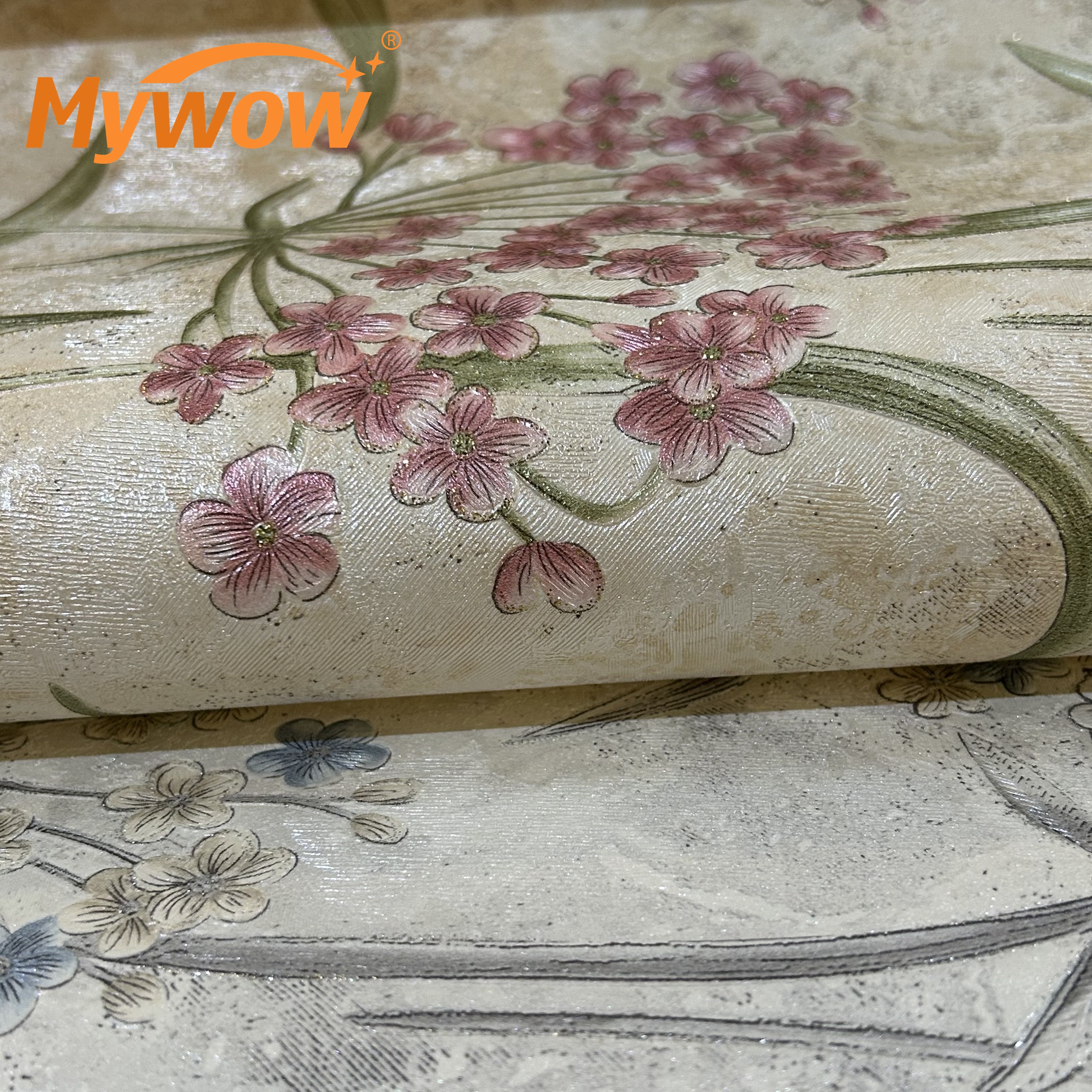 2024 Guangzhou Mywow Wholesale Ready Stock Blooming Flower New Arrival Textured Chinese Little Plum Blossom PVC Wallpaper Roll