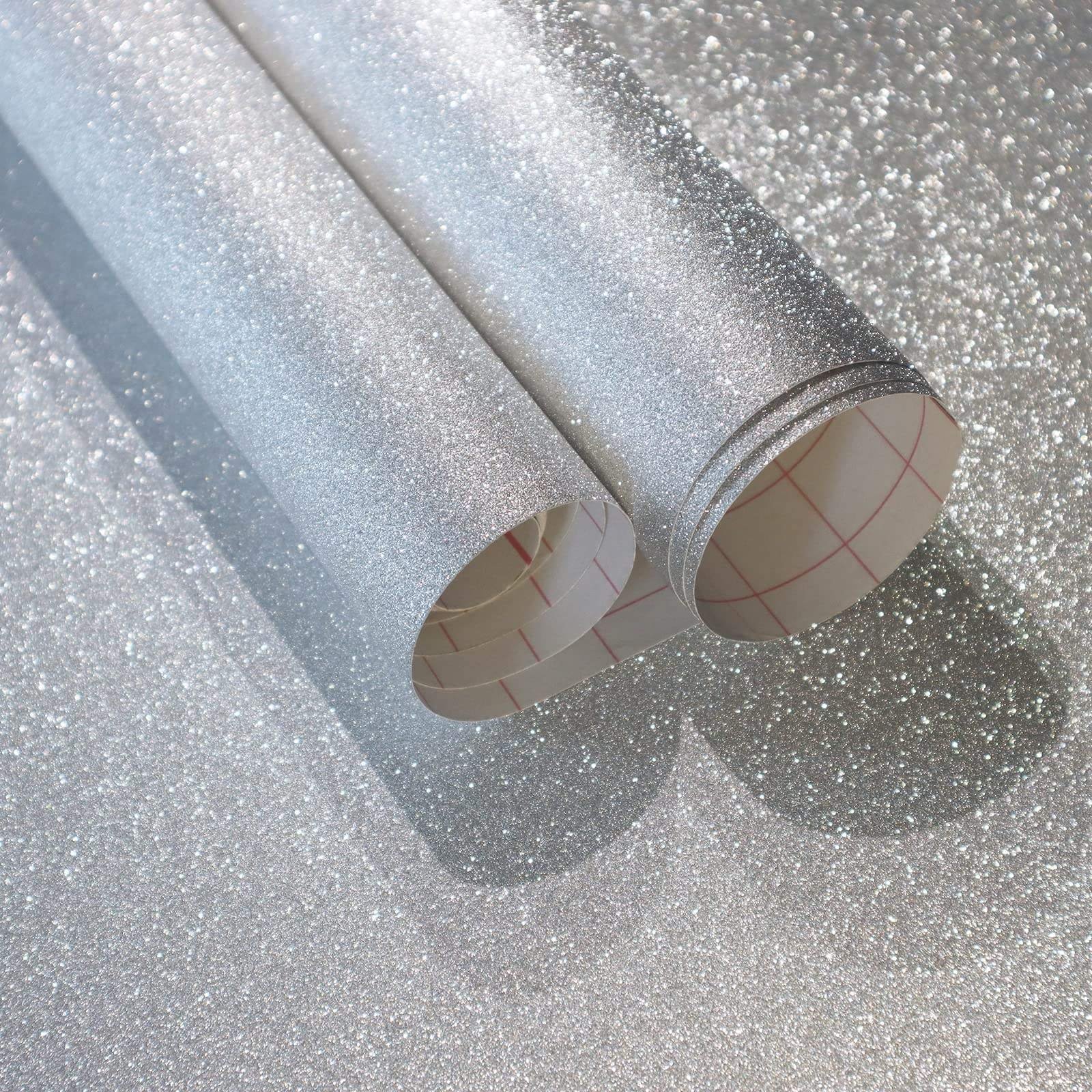 Removable Vinyl Self Adhesive Silver Glitter Wallpaper Stick and Peel Contact Paper for Walls Dresser Counters Gifts Decor