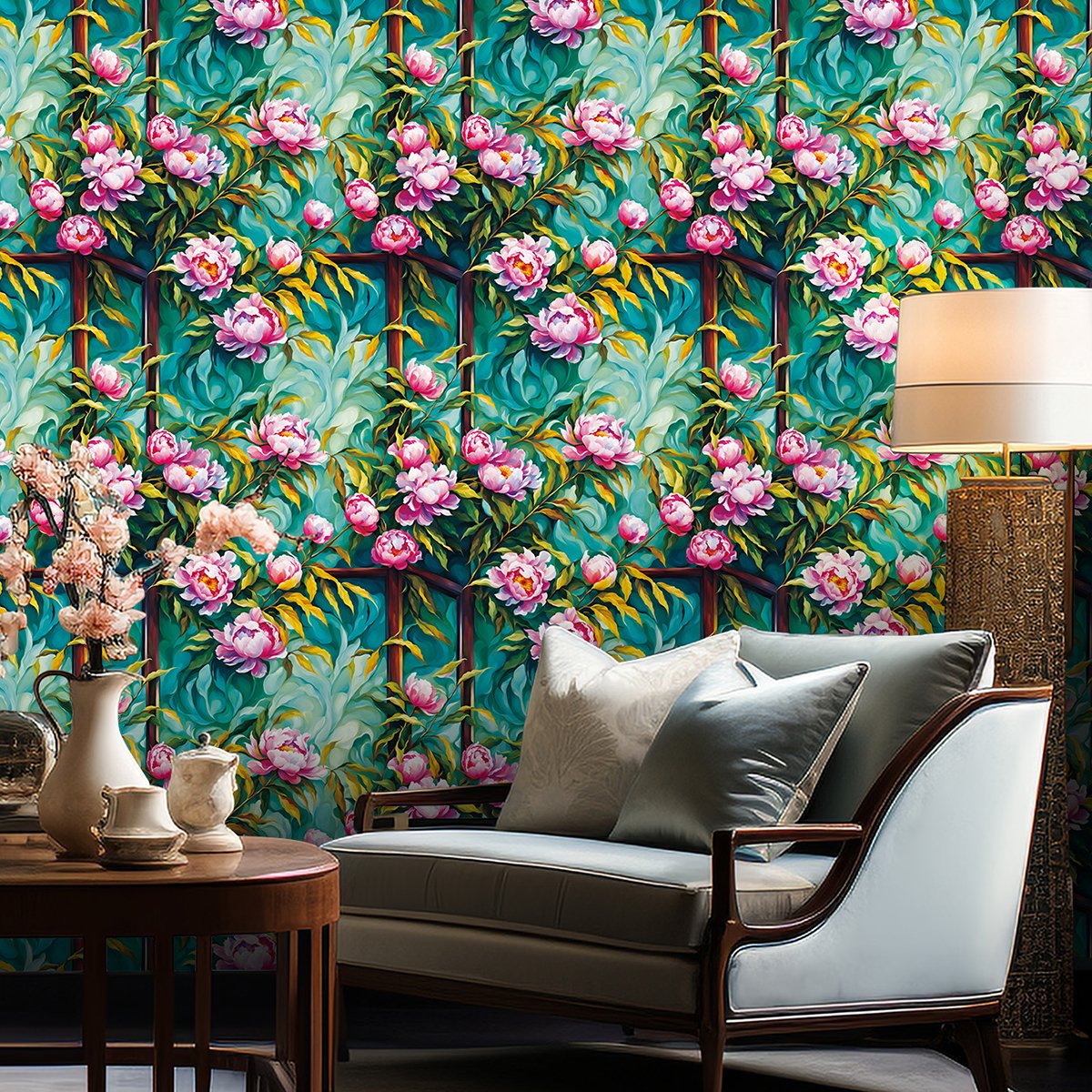 Self adhesive, easy to clean, painted wooden frame, retro style peony flower background decoration wallpaper, home wallpaper