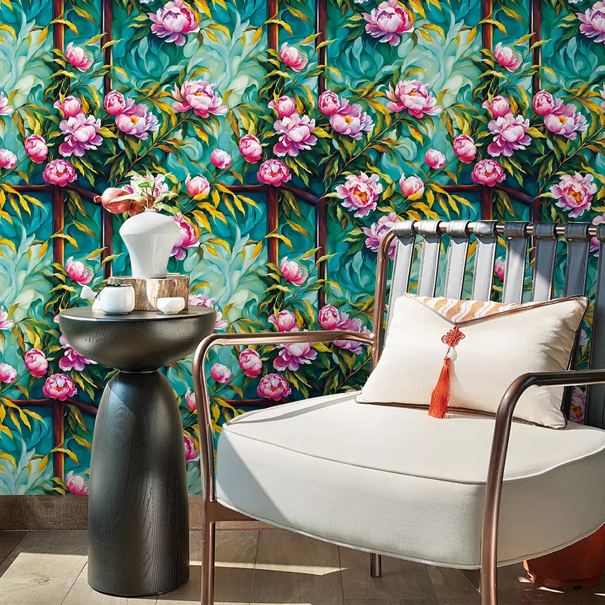 Self adhesive, easy to clean, painted wooden frame, retro style peony flower background decoration wallpaper, home wallpaper