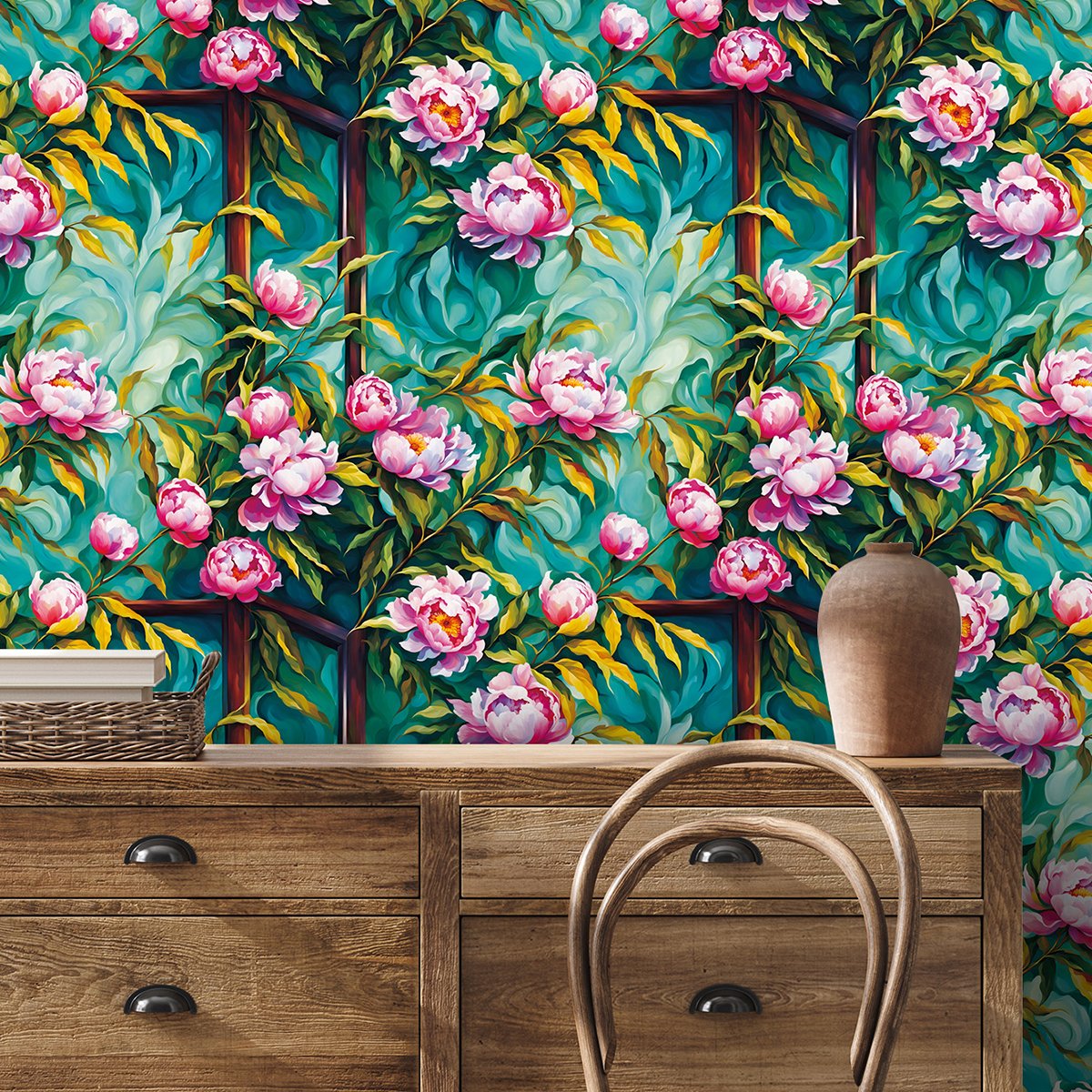 Self adhesive, easy to clean, painted wooden frame, retro style peony flower background decoration wallpaper, home wallpaper