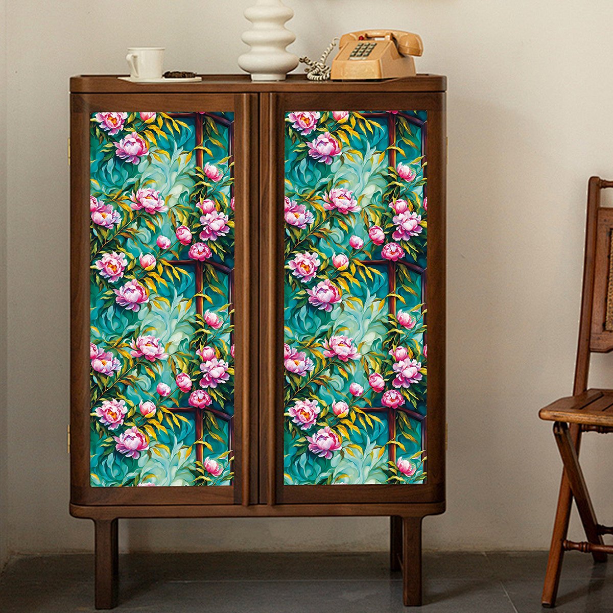 Self adhesive, easy to clean, painted wooden frame, retro style peony flower background decoration wallpaper, home wallpaper