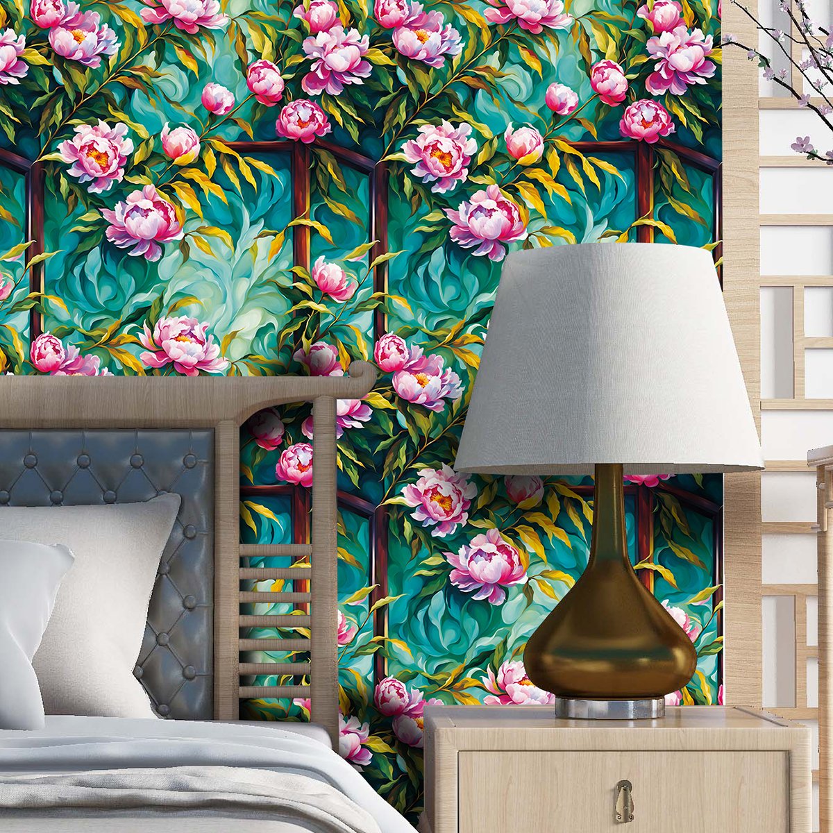 Self adhesive, easy to clean, painted wooden frame, retro style peony flower background decoration wallpaper, home wallpaper