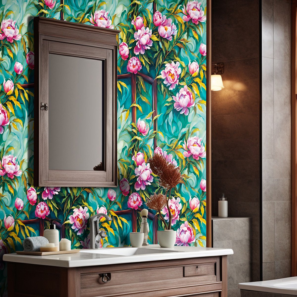 Self adhesive, easy to clean, painted wooden frame, retro style peony flower background decoration wallpaper, home wallpaper