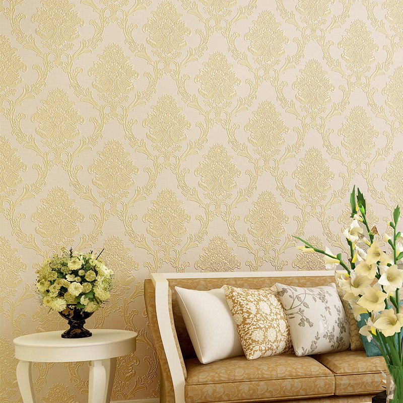 Classic European Style Damascus 3D Fine Pressure Non Woven Fabric Self-Adhesive Wallpaper