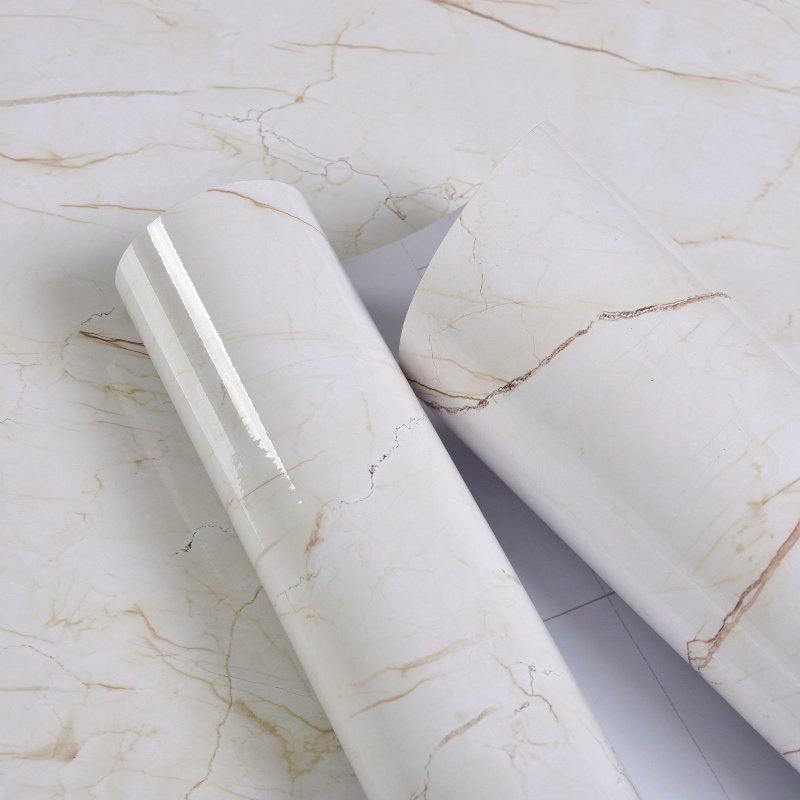 Sandalwood Beige Marble Design High Glossy Marbling 3D Textured Wallpaper Waterproof Furniture Renovation Sticker