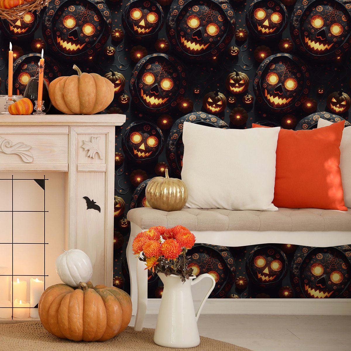 Self adhesive waterproof and anti fouling Halloween 3D spider web black skeleton background decorative wallpaper, home wallpaper