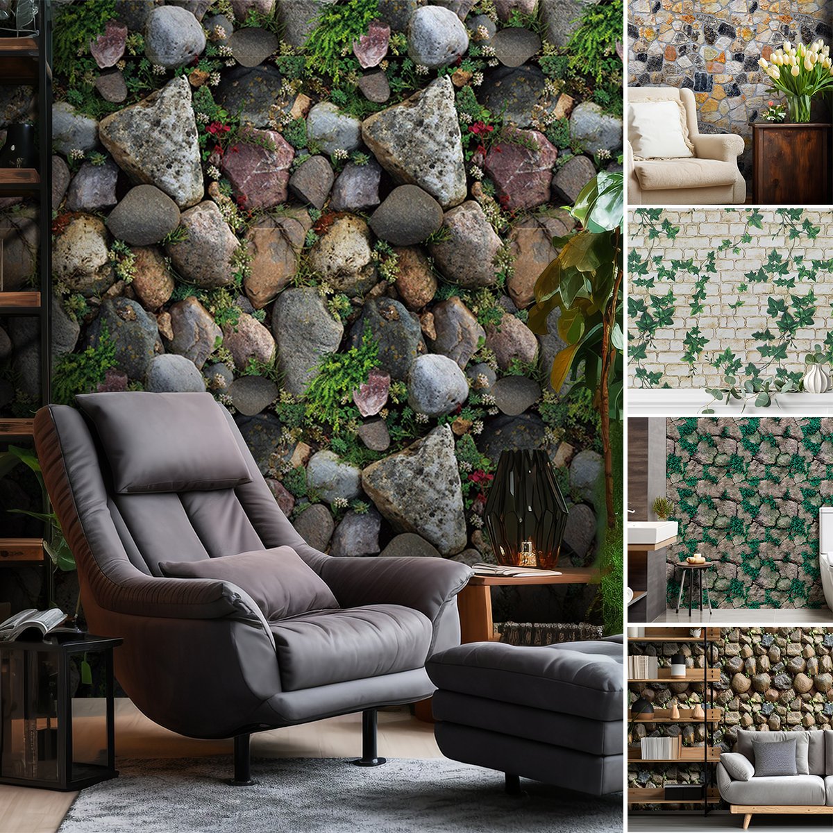 Self adhesive waterproof, anti fouling, green plants, flowers, stone wall background decoration wallpaper, home wallpaper