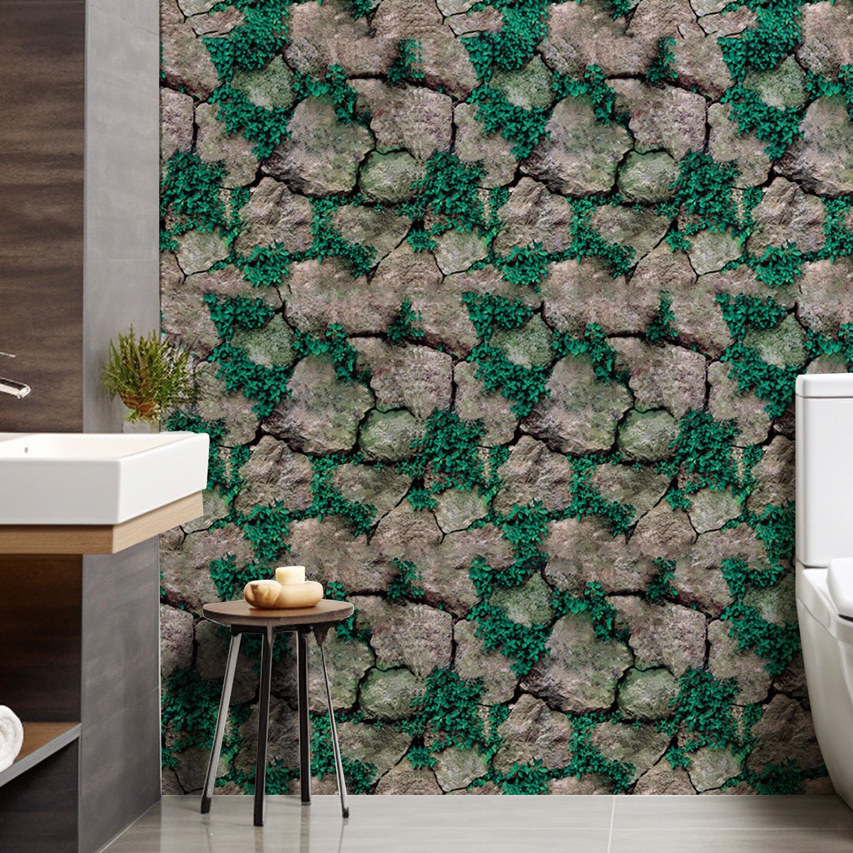 Self adhesive waterproof, anti fouling, green plants, flowers, stone wall background decoration wallpaper, home wallpaper