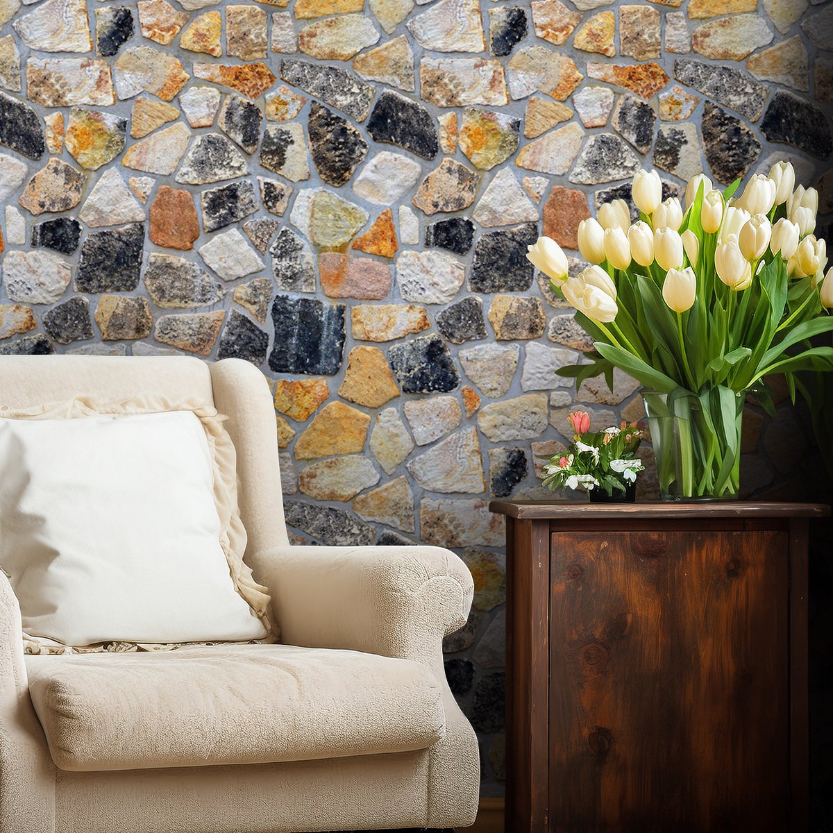 Self adhesive waterproof, anti fouling, green plants, flowers, stone wall background decoration wallpaper, home wallpaper