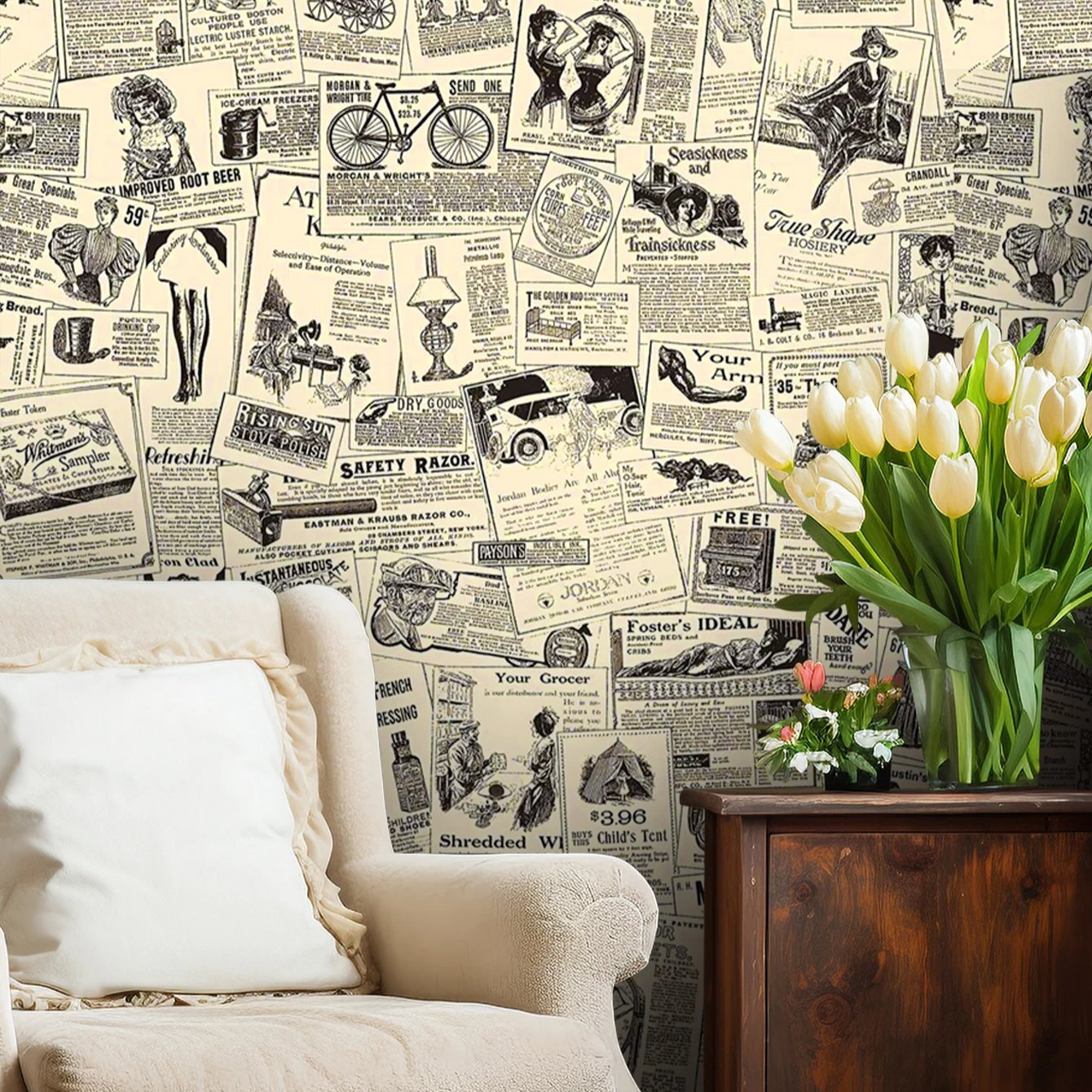 Self adhesive waterproof and stain resistant old newspaper back picture text landscape decorative wallpaper, household wallpaper