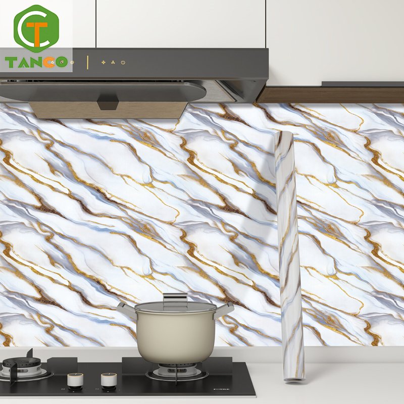 Customized size pvc glossy golden marble oil-proof contact paper marble wallpaper sticker for kitchen
