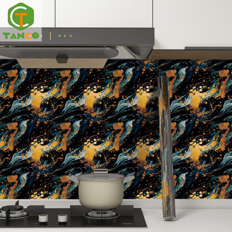 Customized size pvc glossy golden marble oil-proof contact paper marble wallpaper sticker for kitchen