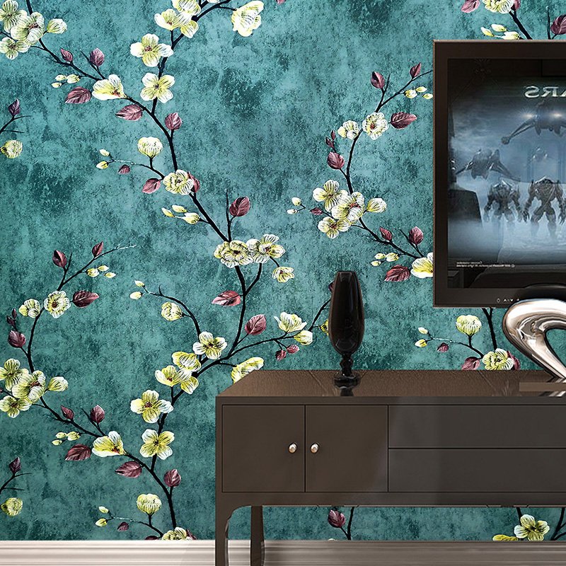 Waterproof Vintage green 3D floral wall papers peel and stick vinyl pvc self-adhesive wallpaper rolls for living room decoration