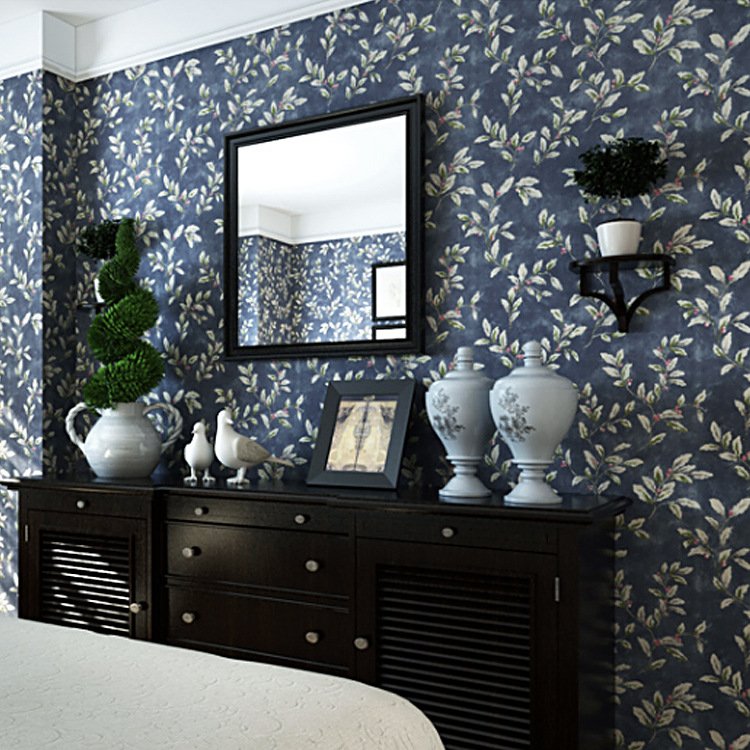 3d european wallpaper rolls flower textured wall panels sticker navy blue Plain paper glue brushing retro Interior decorationect