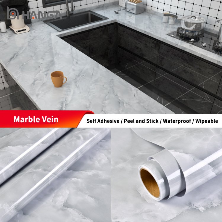Self Adhesive Silver Marble Wall Paper Kitchen Waterproof Oil Proof Marble Wallpaper Rolls