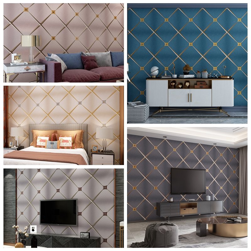 Modern geometric grid deer skin velvet thickened wallpaper 3D home decoration Luxury hotel living room wallpaper roll