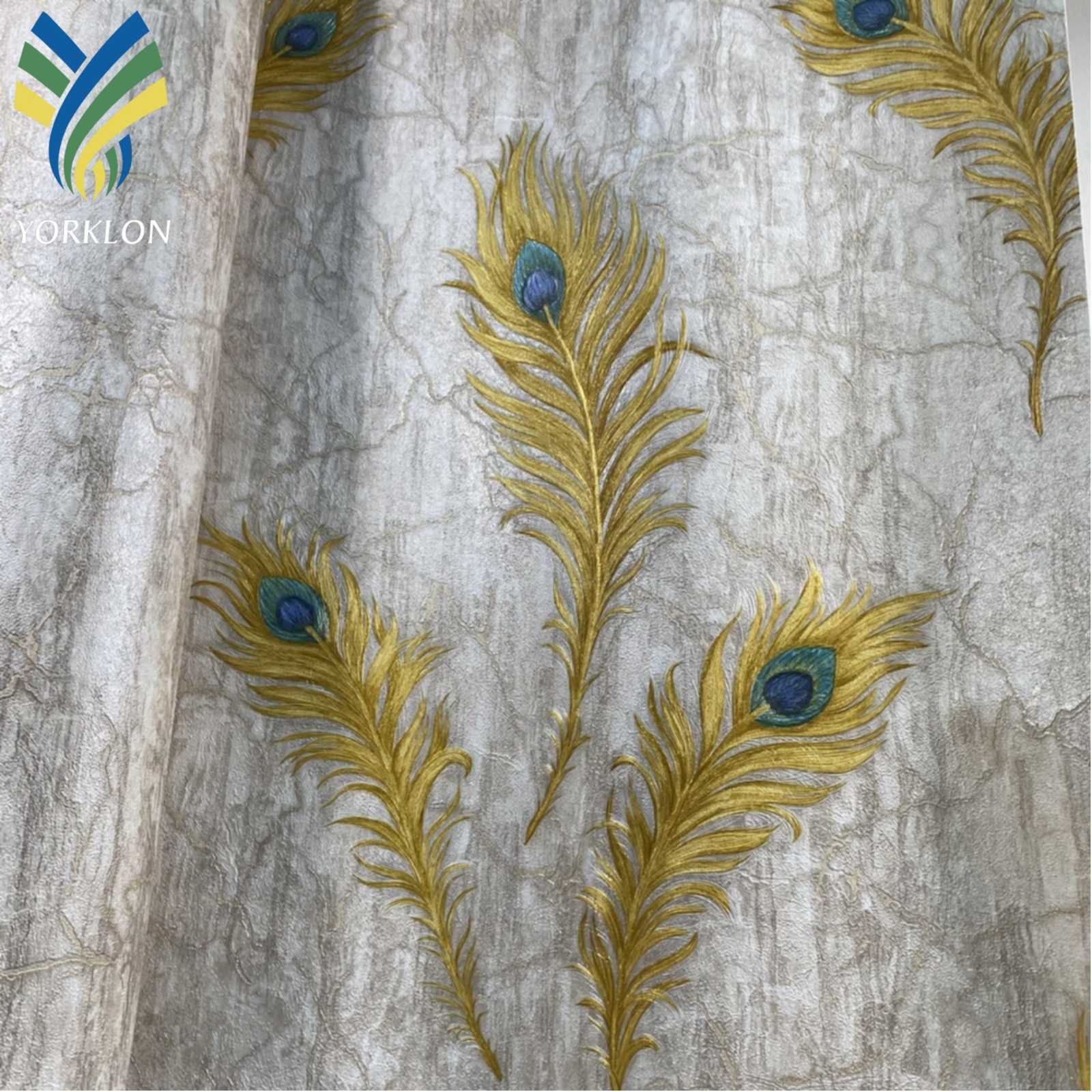 Custom Living Room Decorative Home Decor Embossed PVC Wall Paper Rolls Golden Peacock Feather Design Wallpaper For Walls