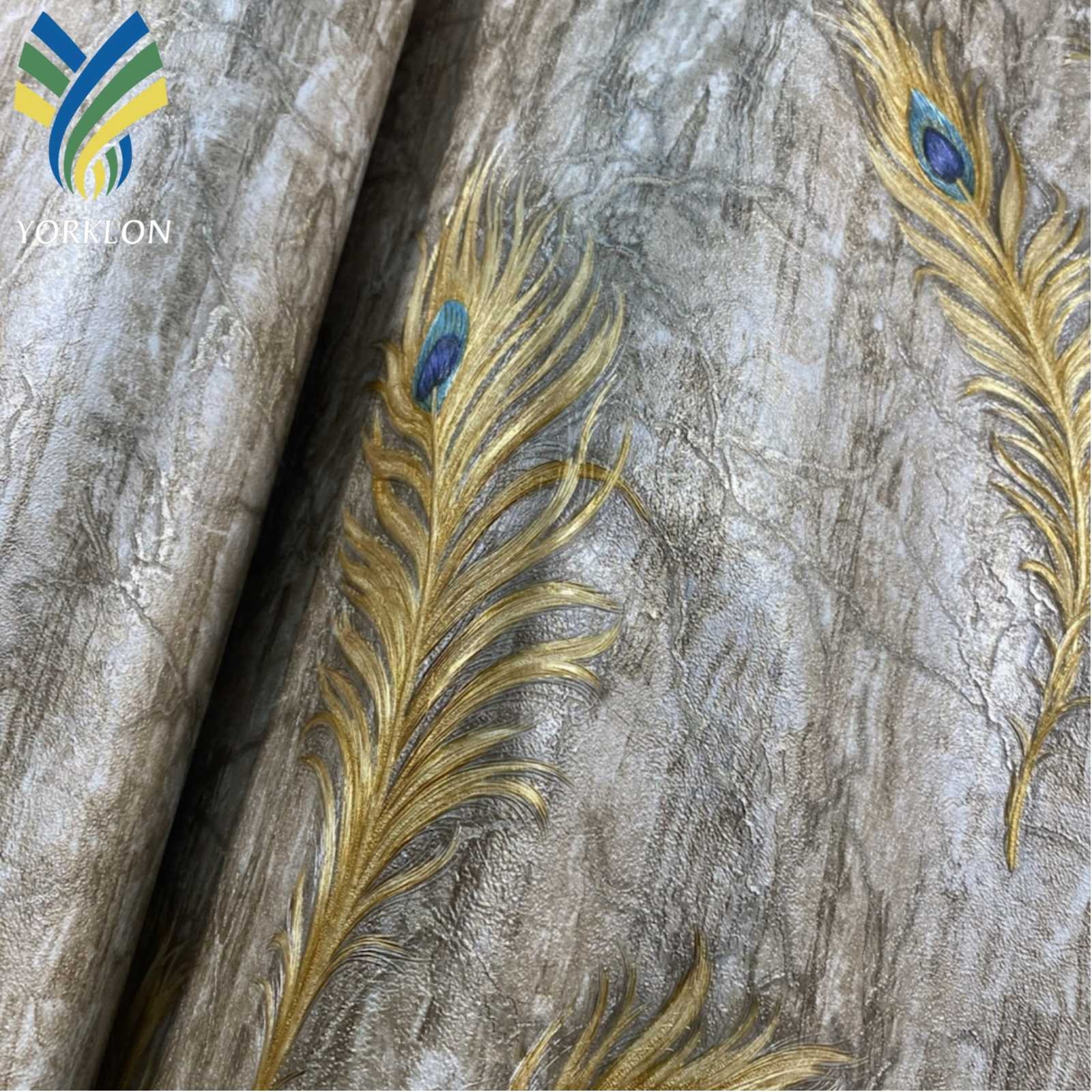 Custom Living Room Decorative Home Decor Embossed PVC Wall Paper Rolls Golden Peacock Feather Design Wallpaper For Walls