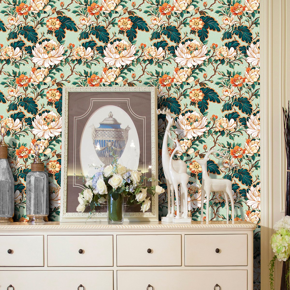 Plant flower wallpaper self-adhesive instant wall sticker moisture-proof bedroom decoration wallpaper wall sticker