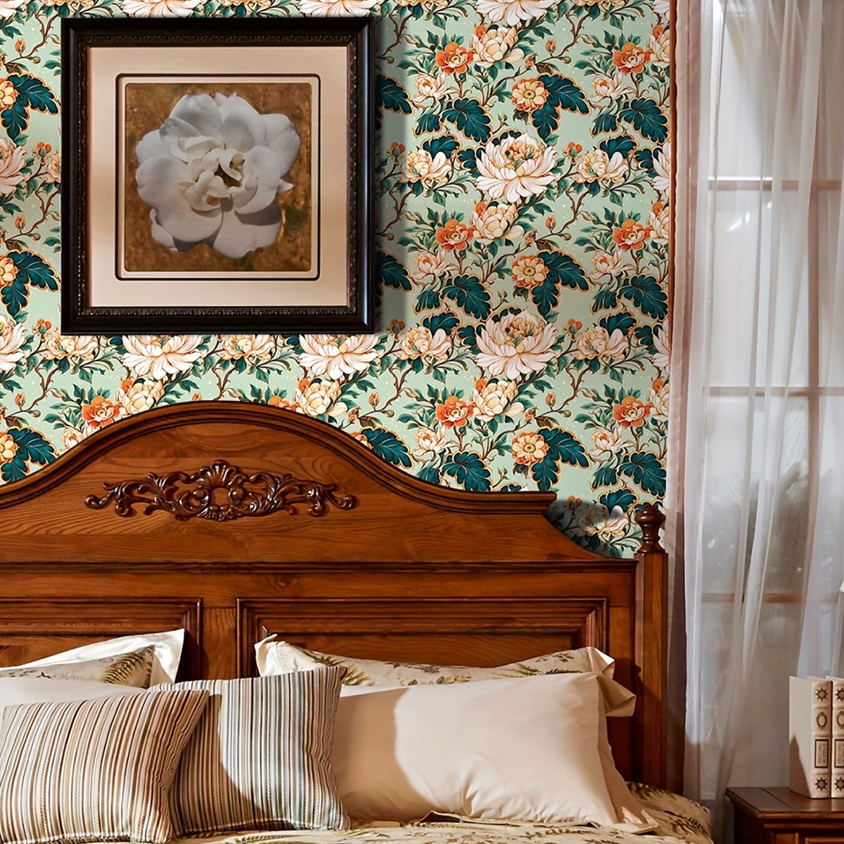Plant flower wallpaper self-adhesive instant wall sticker moisture-proof bedroom decoration wallpaper wall sticker