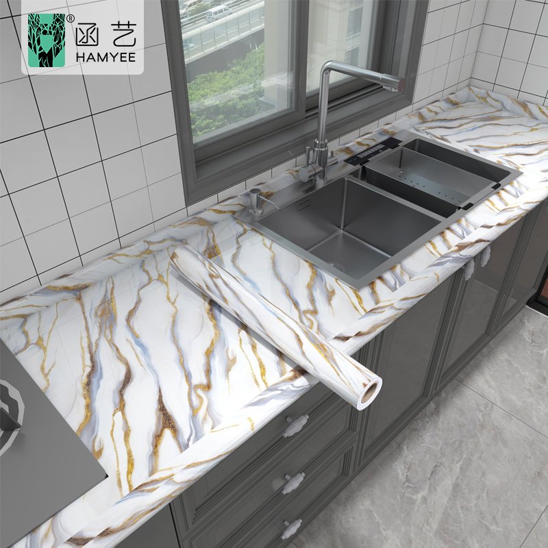 Wall adhesive wallpaper for kitchen marble pattern oil-proof stickers kitchen stove pvc wallpaper home decor waterproof film