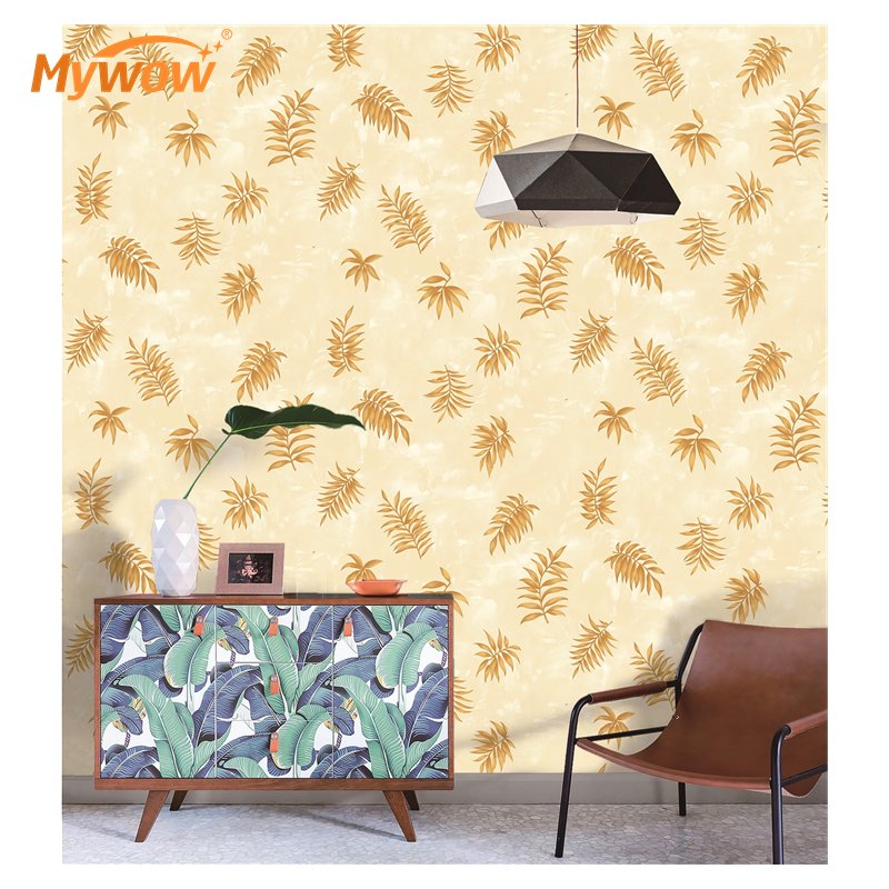 Wholesale Ready Stock Modern Natural Leaf Design Golden Flower Pattern Waterproof PVC Wallpaper