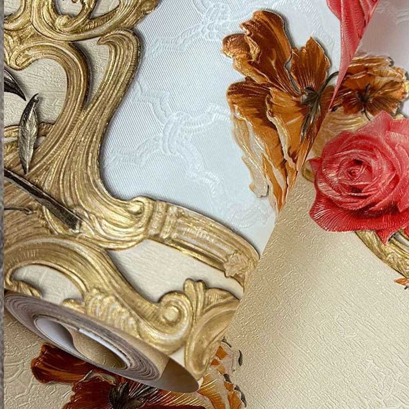 China Factory 3D Modern Yellow and Gold Rose Flower Mural Vinyl Coated Wedding Living Room Decor Wallpaper Bedroom Wallcovering