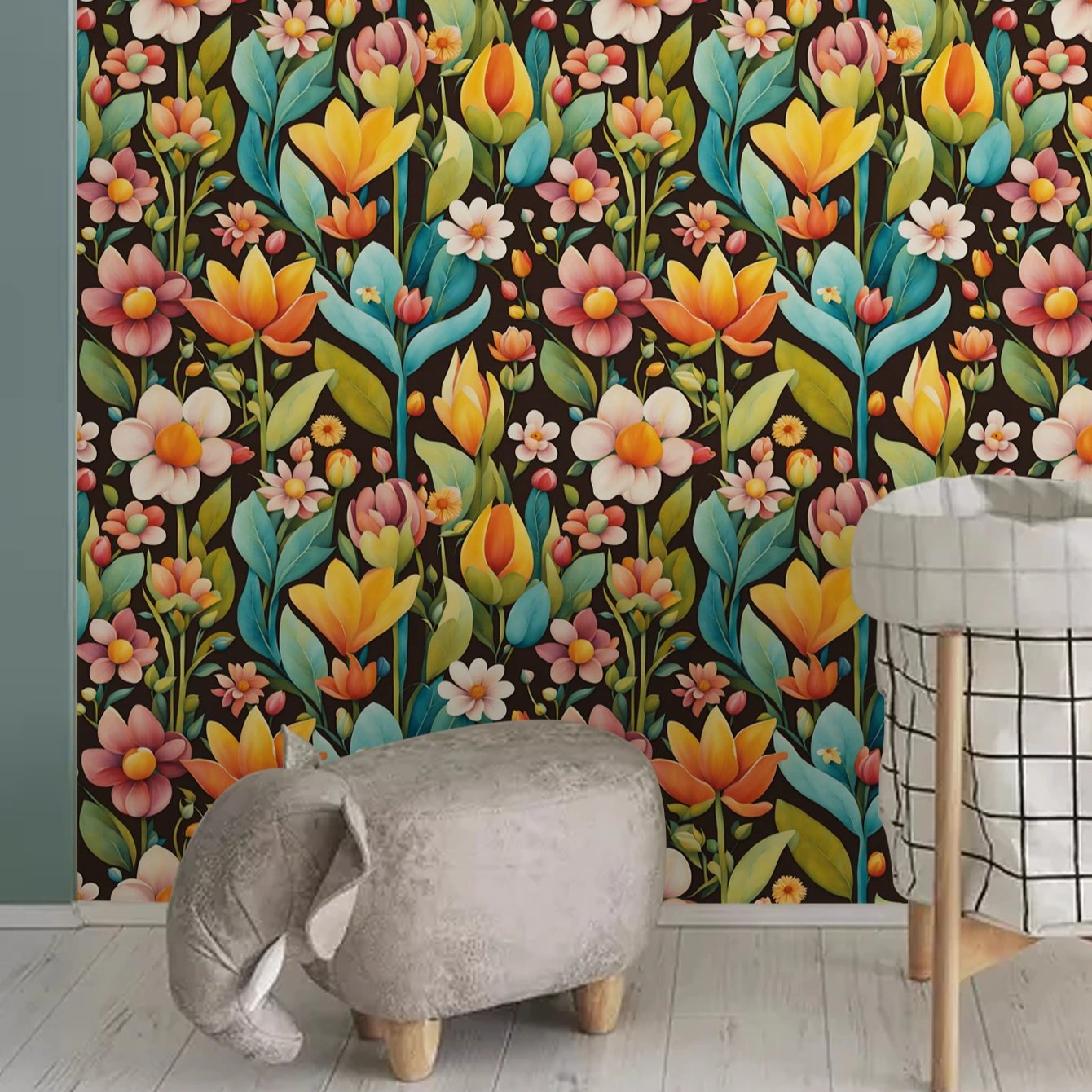 Self adhesive waterproof colorful plant cartoon flower branch and leaf background decorative wallpaper, home wallpaper