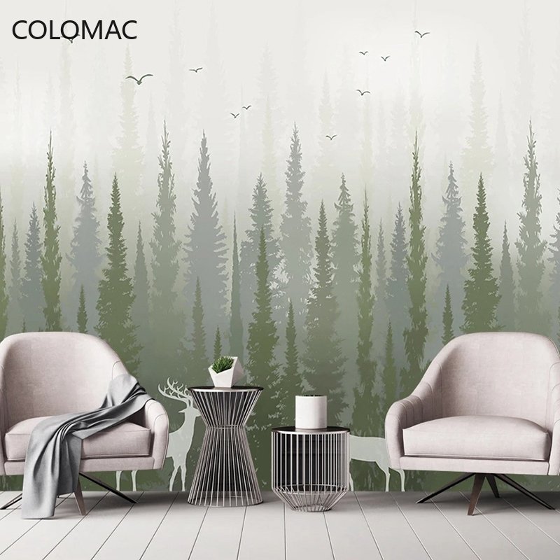 Custom 3D Hand-painted Photo Mural Pine Tree Forest with Bird and Deer Pattern Bedroom Wallpaper Modern Peel and Stick Wallpaper