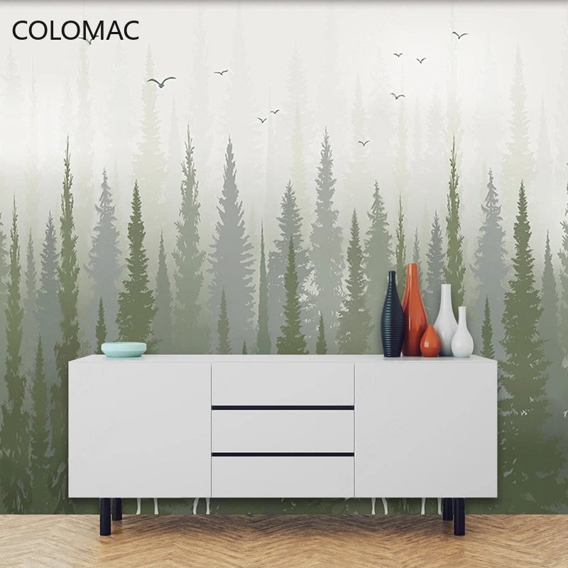 Custom 3D Hand-painted Photo Mural Pine Tree Forest with Bird and Deer Pattern Bedroom Wallpaper Modern Peel and Stick Wallpaper