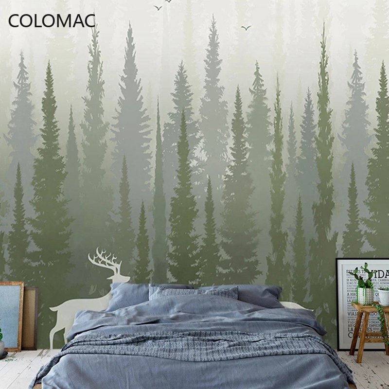 Custom 3D Hand-painted Photo Mural Pine Tree Forest with Bird and Deer Pattern Bedroom Wallpaper Modern Peel and Stick Wallpaper