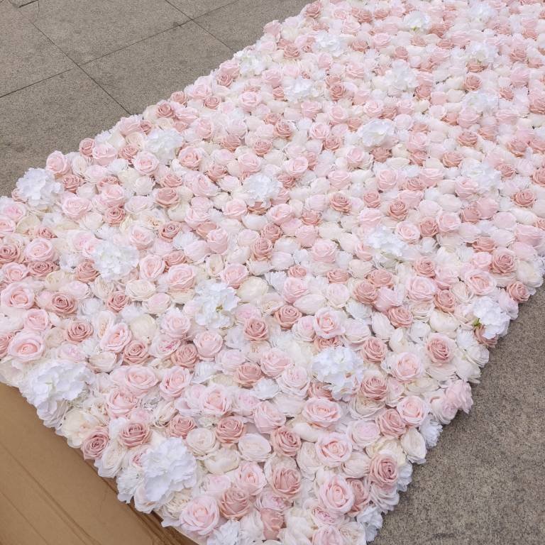 EG-S1001 Cheap Decorative Wedding Decor 3d White Pink Rose Artificial Silk roll Up Flower Wall Panel Backdrop