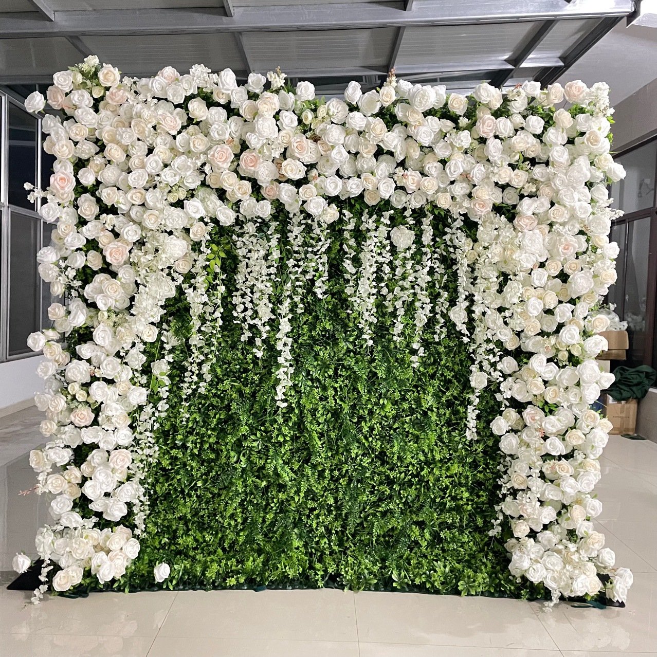EG-S1001 Cheap Decorative Wedding Decor 3d White Pink Rose Artificial Silk roll Up Flower Wall Panel Backdrop