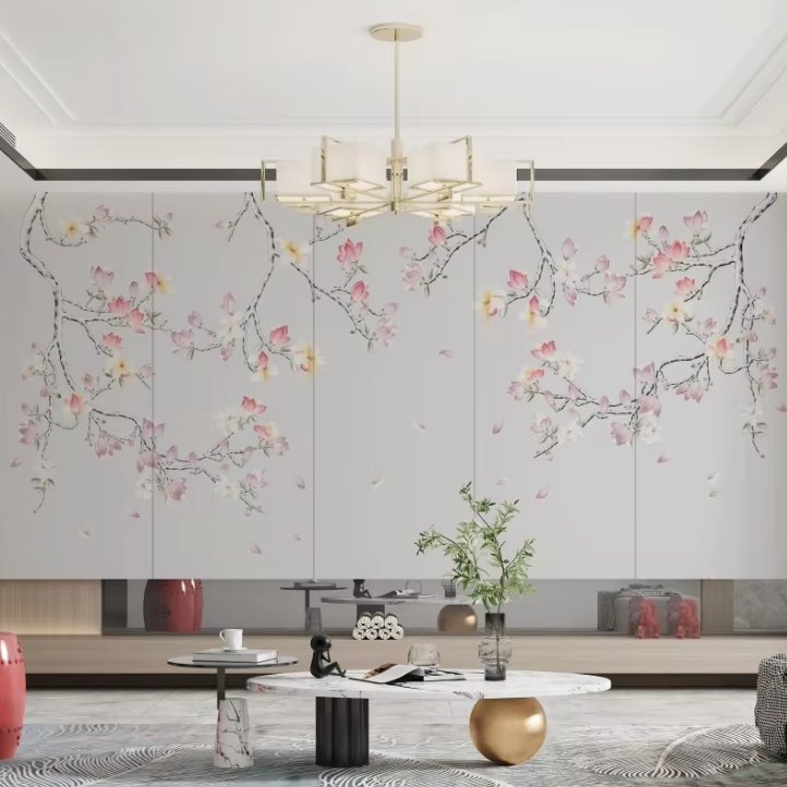 Zhenling Chinese Silk Colourful floral embroidered wallpaper with branches falling from the sky