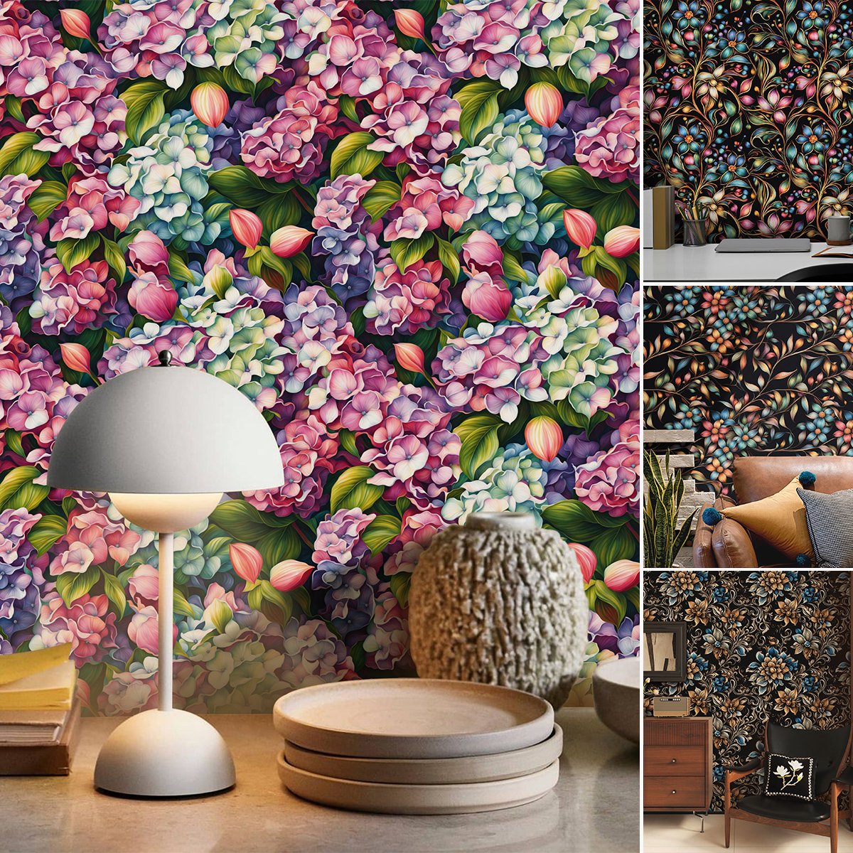 Self adhesive waterproof and anti fouling retro black painted green plant flower background decorative wallpaper, home wallpaper