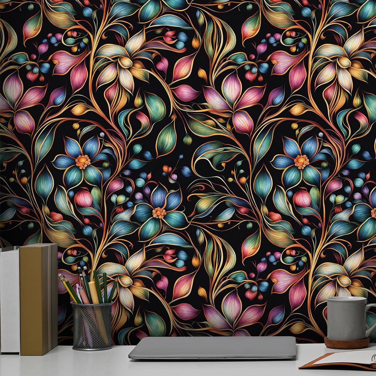 Self adhesive waterproof and anti fouling retro black painted green plant flower background decorative wallpaper, home wallpaper