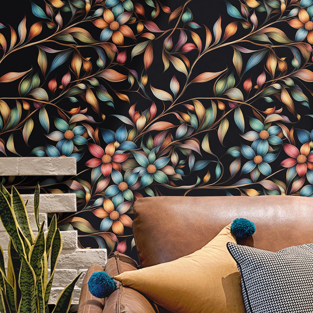Self adhesive waterproof and anti fouling retro black painted green plant flower background decorative wallpaper, home wallpaper