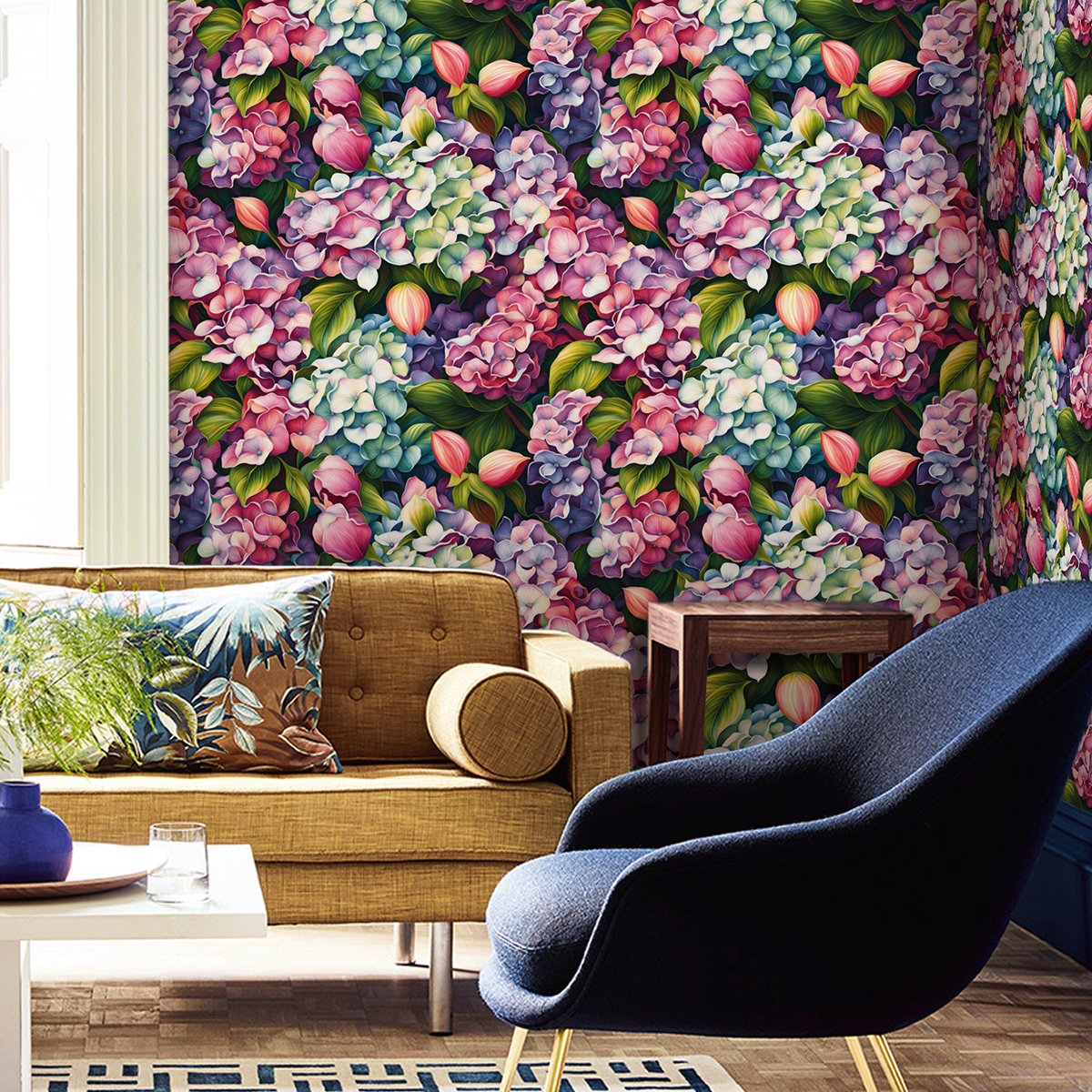 Self adhesive waterproof and anti fouling retro black painted green plant flower background decorative wallpaper, home wallpaper