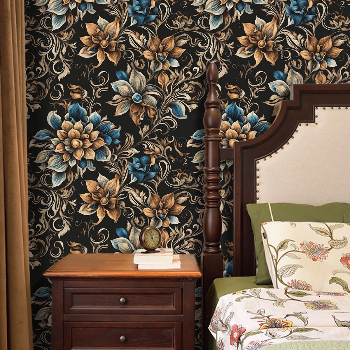 Self adhesive waterproof and anti fouling retro black painted green plant flower background decorative wallpaper, home wallpaper