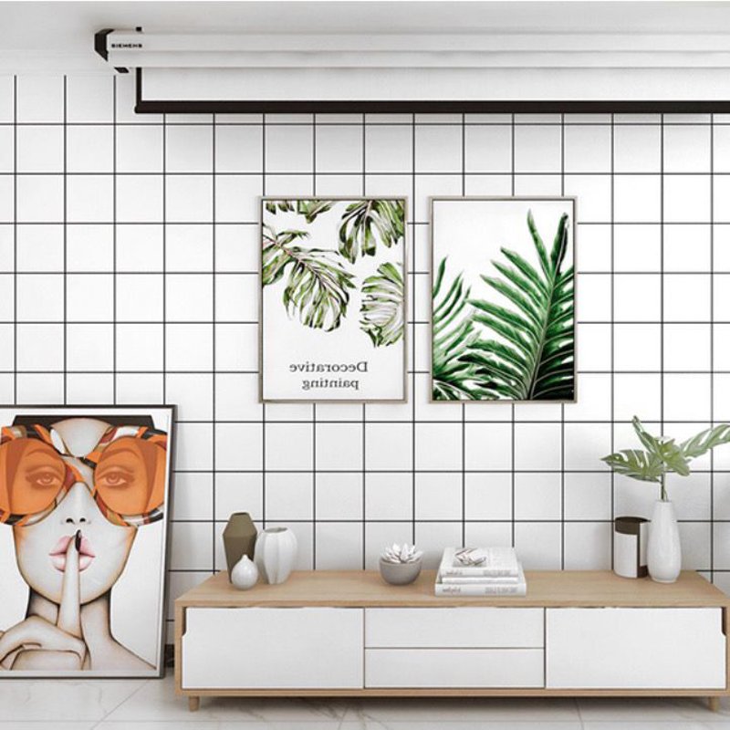Black line square grid non woven wallpaper lattice