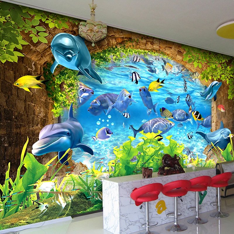 KOMNNI Underwater World Mural Ocean Dolphin Fish Custom 3d Wallpaper For Kids Room Bedroom Kindergarten Cartoon Wall Mural