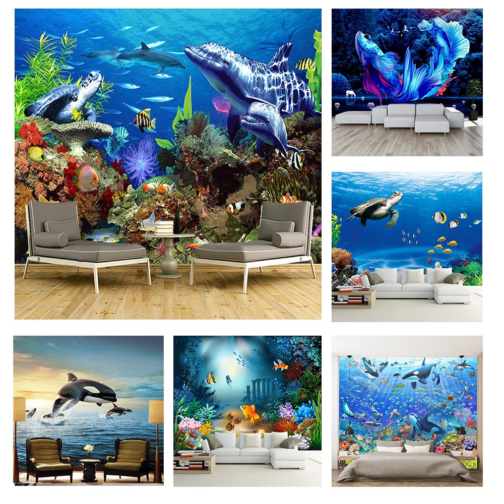 KOMNNI Underwater World Mural Ocean Dolphin Fish Custom 3d Wallpaper For Kids Room Bedroom Kindergarten Cartoon Wall Mural