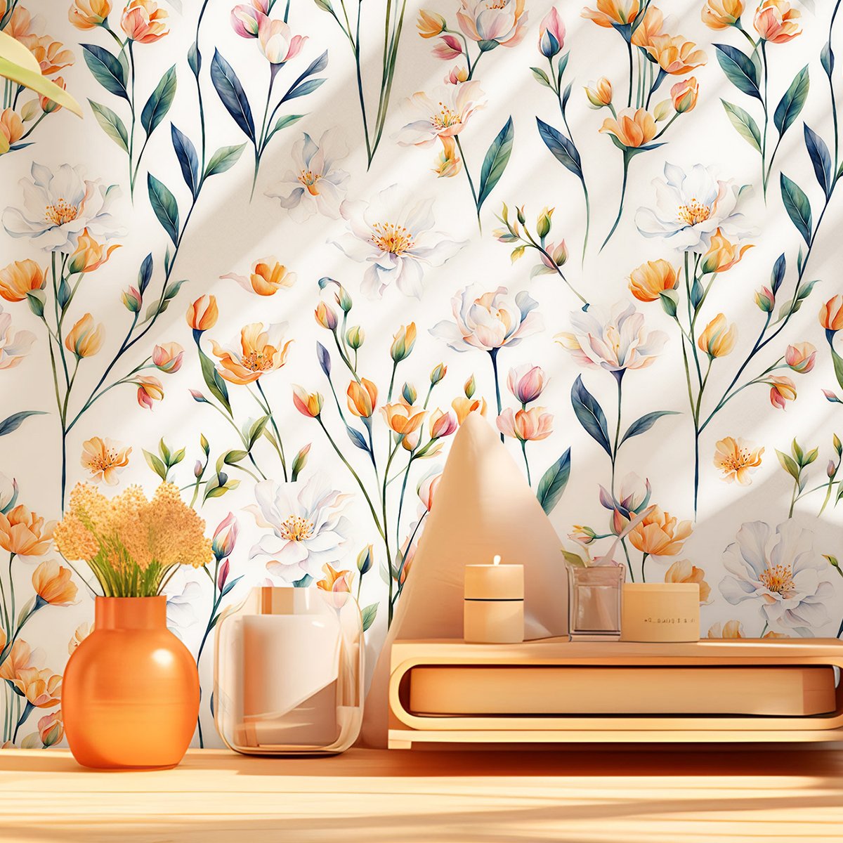 Self adhesive easy to clean yellow, white, green plants, flower branches, background decorative wallpaper, home wallpaper